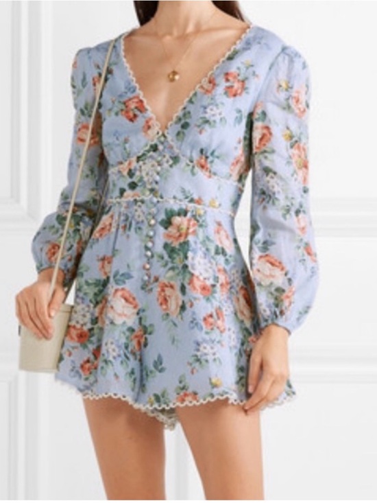 Zimmermann Dresses & Skirts - Zimmermann  Bowie linen playsuit Pale Blue Floral V-Neck Long Sleeve size 3